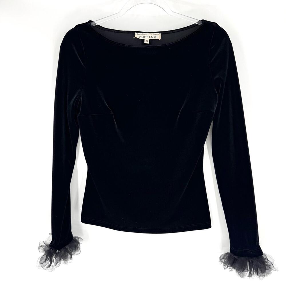 Chetta‎ B by Sherrie Bloom Peter Noviello Velvet Top with Ruffle Sleeve Black S
